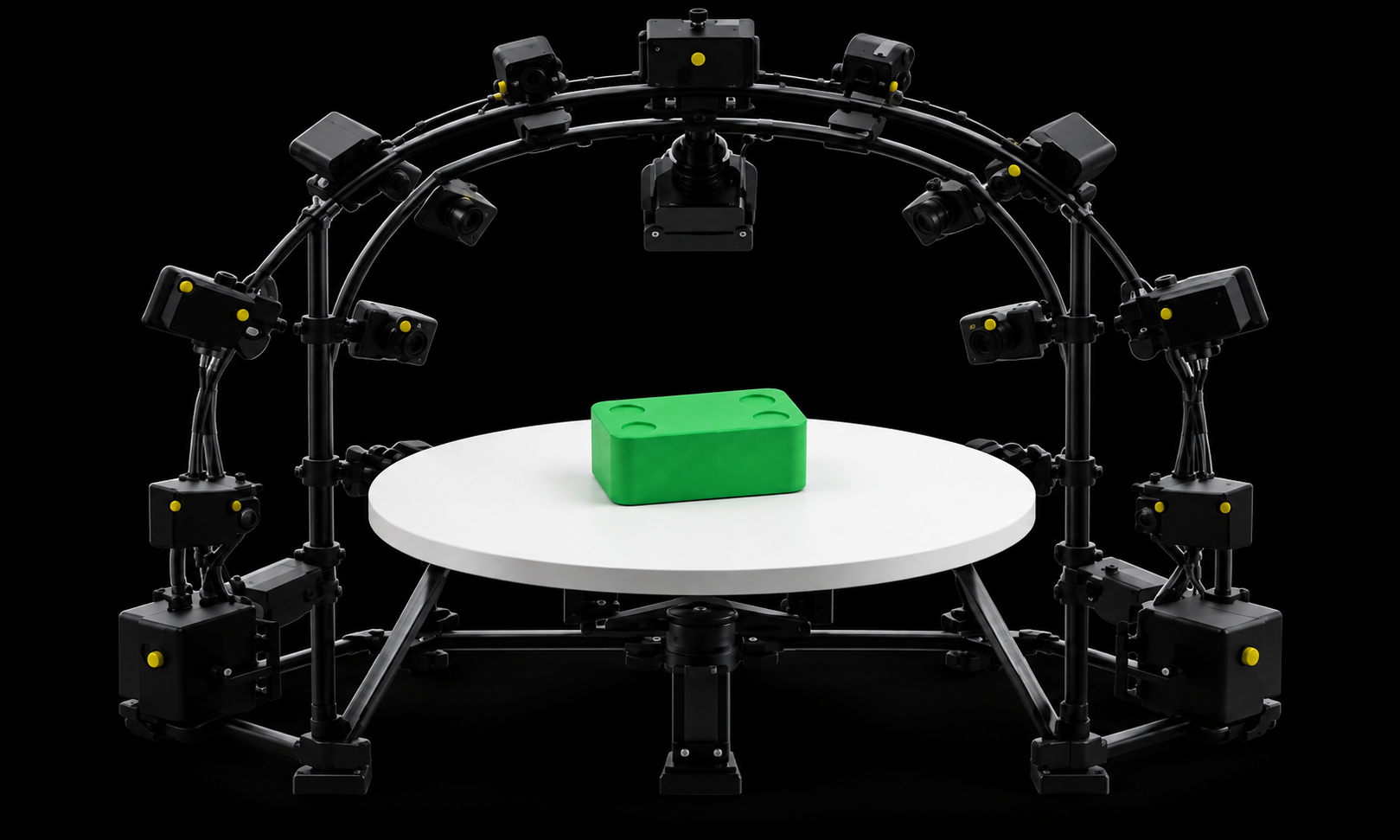 Multi-view object scanning cage with a green object
